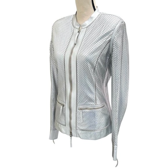 ROBERTO CAVALLI SILVER PERFORATED LEATHER FITTED FULL ZIP JACKET - WAS ALTERED - Picture 10 of 16